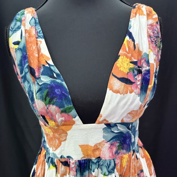 NBD Orange and Blue Floral Plunge Sundress Mini XS - Picture 2 of 5